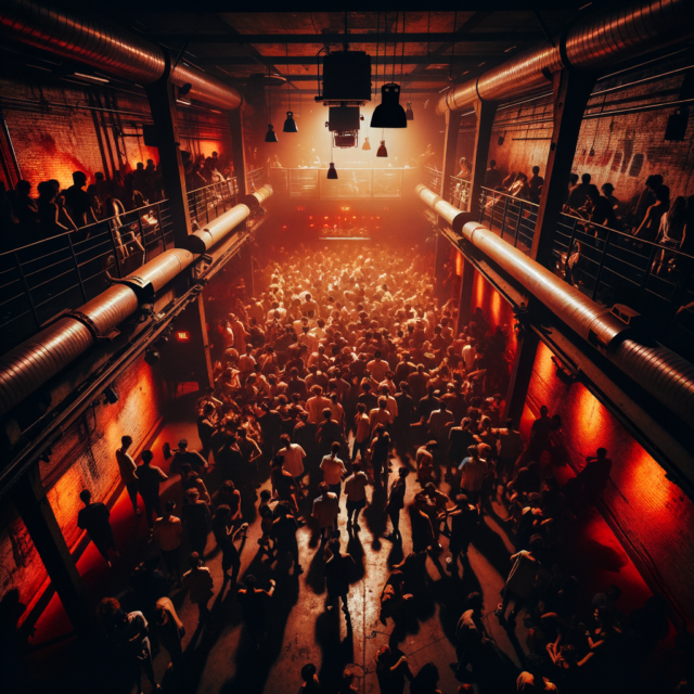 Packed dancefloor at a Brooklyn venue under warm amber and red lighting