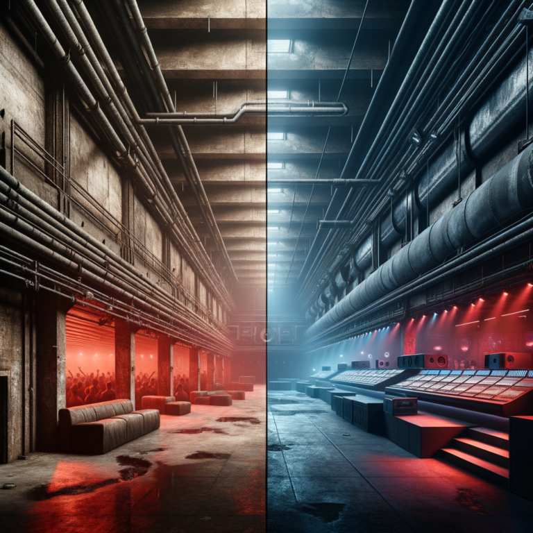 Split image showing contrast between underground warehouse and professional legal venue