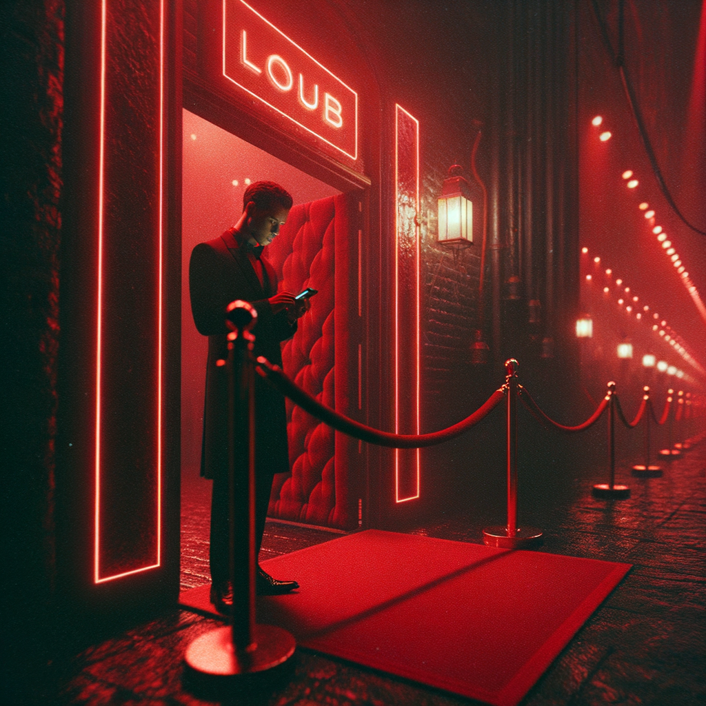 Bouncer checking a phone at a dark nightclub entrance with red lighting