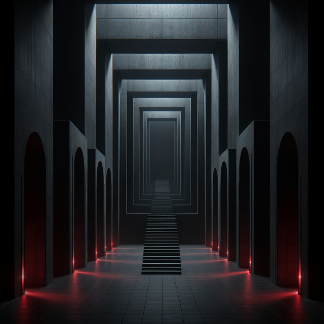 Dark ascending doorways with red accent lighting suggesting progression