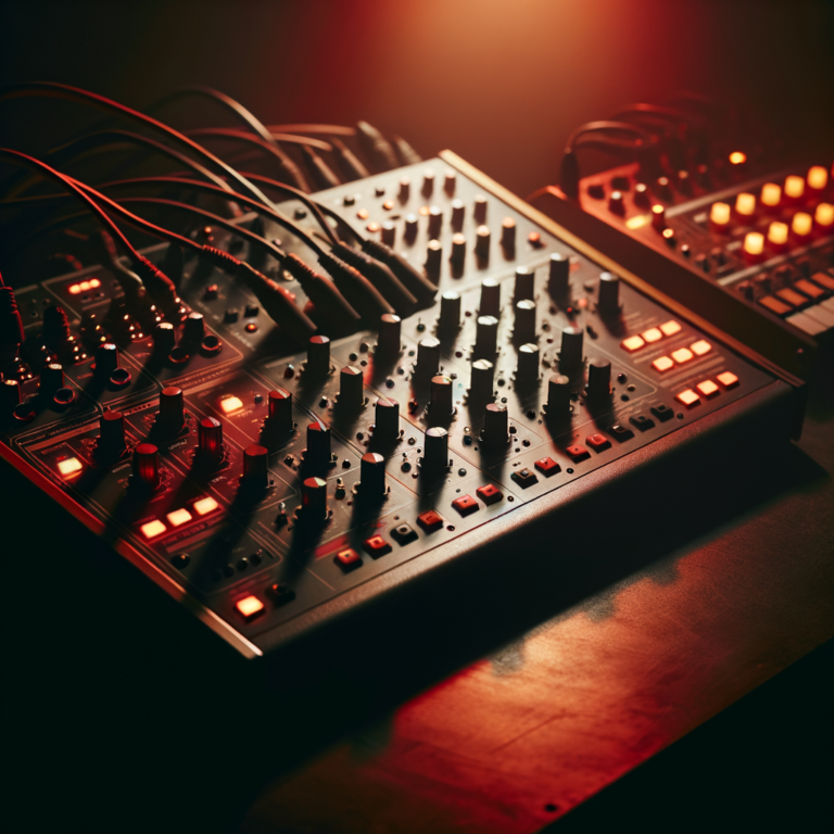 Analog synthesizer and drum machine hardware setup with illuminated controls